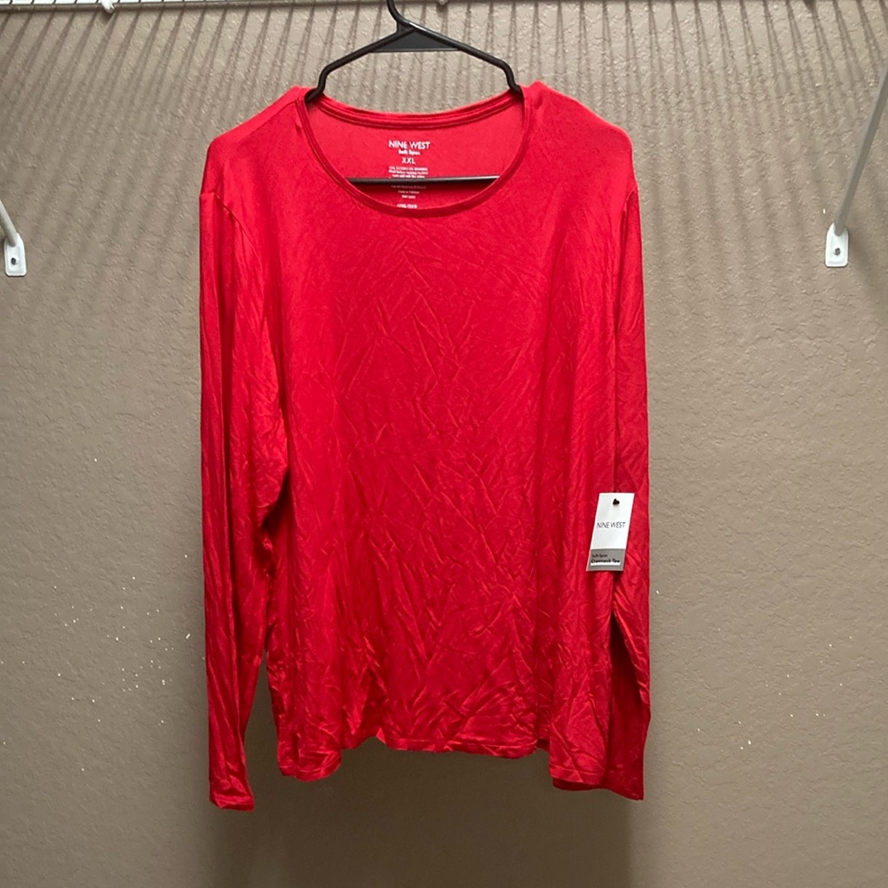 Nine West Red Long Sleeve Soft-Spun Crewneck Tee with Rounded Neckline